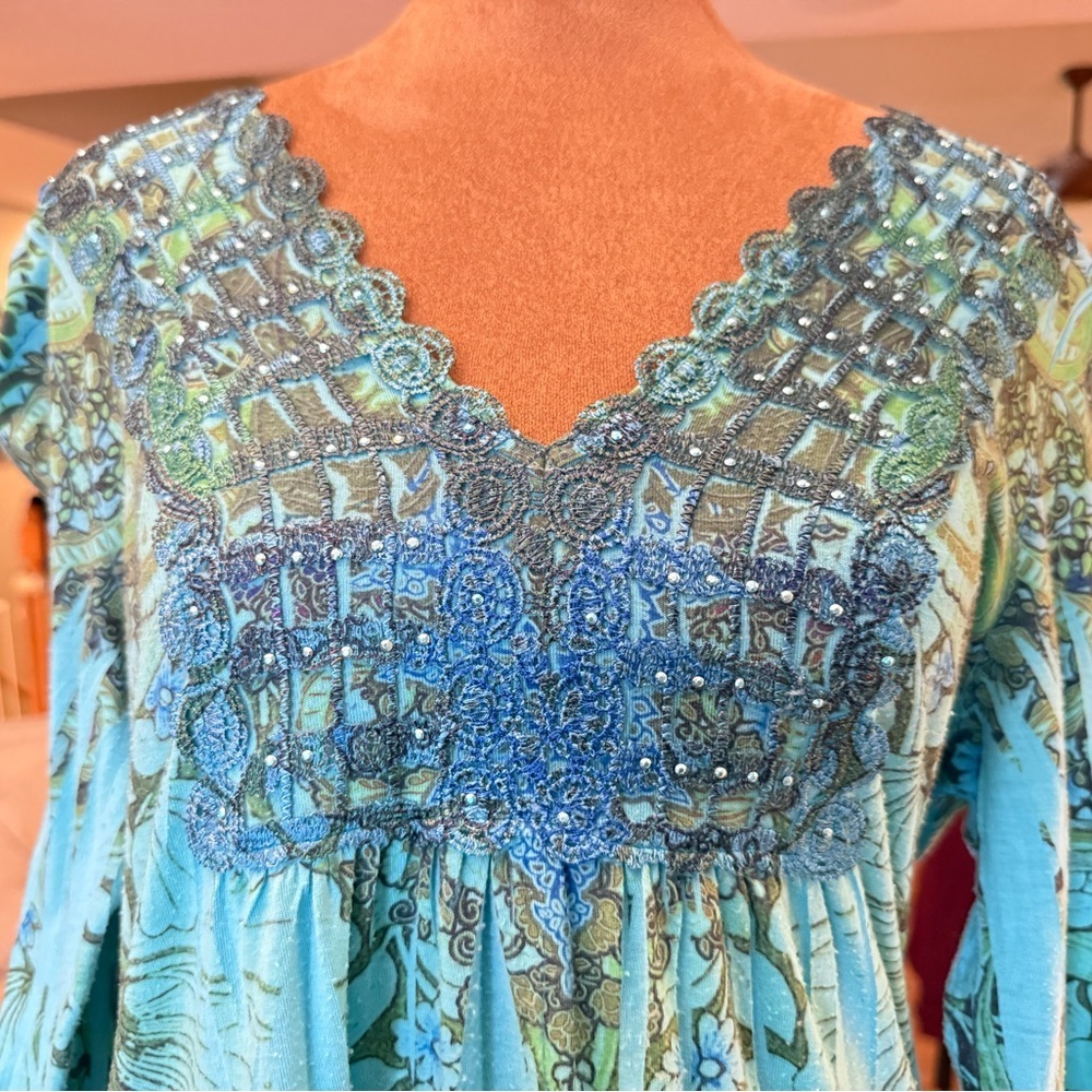 Embellished Blue and Green Women's Burnout Embellished Fairy Top Size M